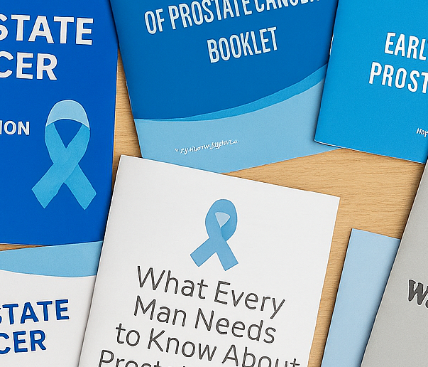 A set of prostate cancer information booklets laid out together.